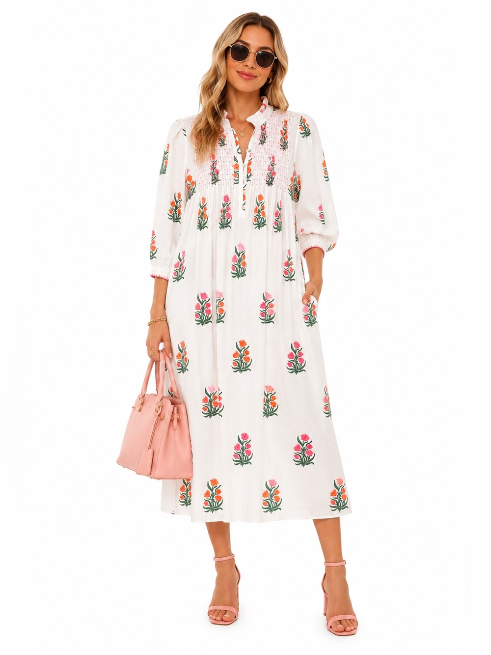 Pink City Prints Cotton Block Print Smocked Midi Dress White Floral Size Small